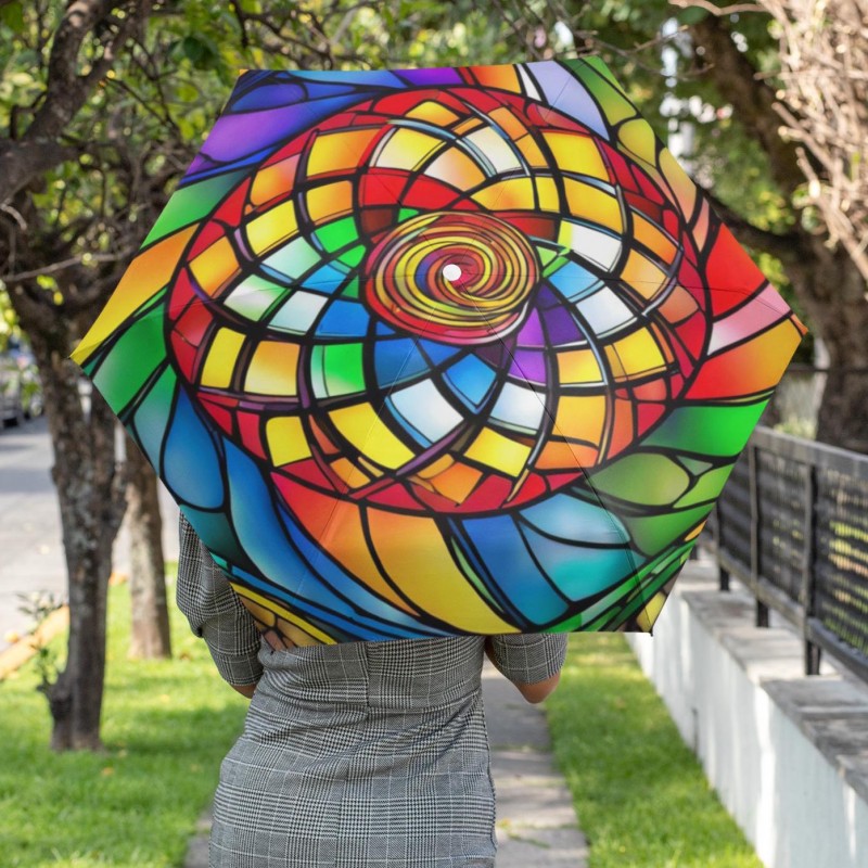 Umbrella, Stained Glass Pattern Foldable Semi-Automatic Rainy Day Accessory, Swirl Design, Festival Fashion