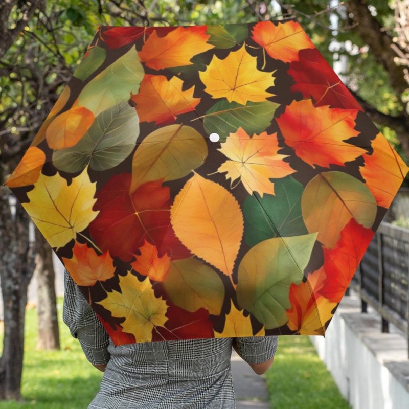 Umbrella, Autumn Leaves Pattern, Folding Compact Travel Parasol, Cute Gift for Nature Lover, Rainy Day Accessory, Fall Fashion Must-Have