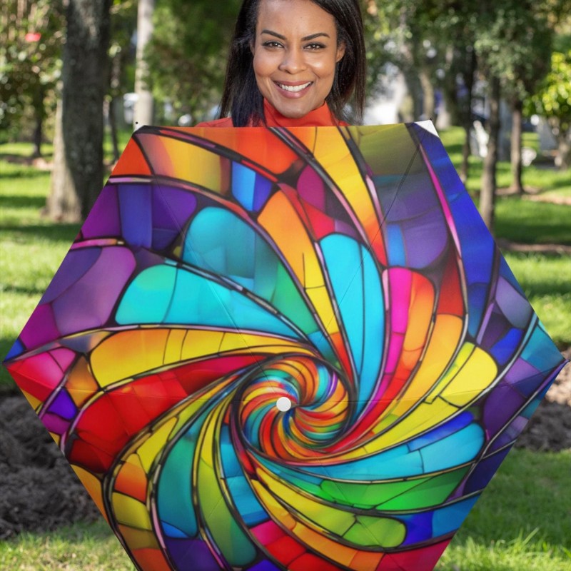 Foldable Umbrella, Stained Glass Design Colorful Swirl Pattern, Rainy Day Accessories, Folding Sun Shade, Compact Travel Parasol, Unique