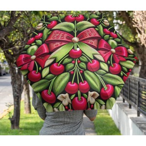 Umbrella, Cherries and Bows Design, Cute Folding Parasol for Rainy Days, Fruit Patterned Sunshade, Compact Travel Accessory, Water-resistant