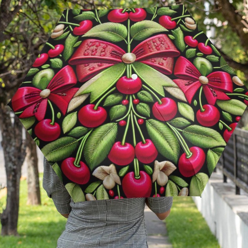 Umbrella, Cherries and Bows Design, Cute Folding Parasol for Rainy Days, Fruit Patterned Sunshade, Compact Travel Accessory, Water-resistant