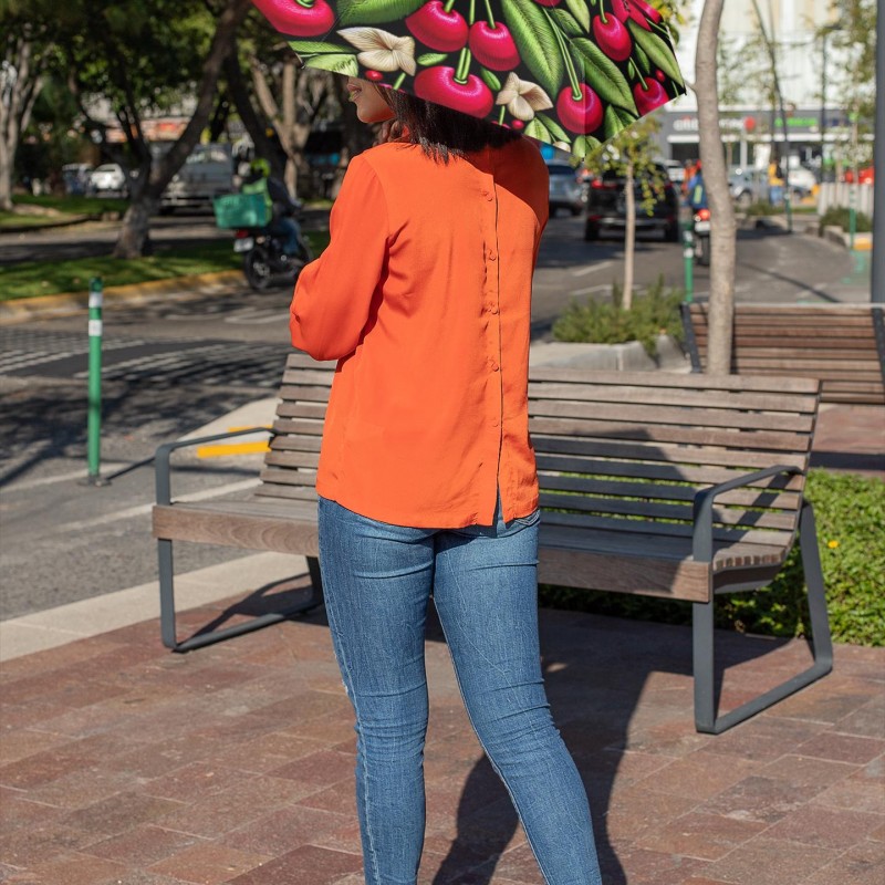 Umbrella, Cherries and Bows Design, Cute Folding Parasol for Rainy Days, Fruit Patterned Sunshade, Compact Travel Accessory, Water-resistant