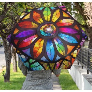 Foldable Umbrella Stained Glass Flower Design Colorful Rain Gear, Portable Umbrella with Flower comes with matching storage bag