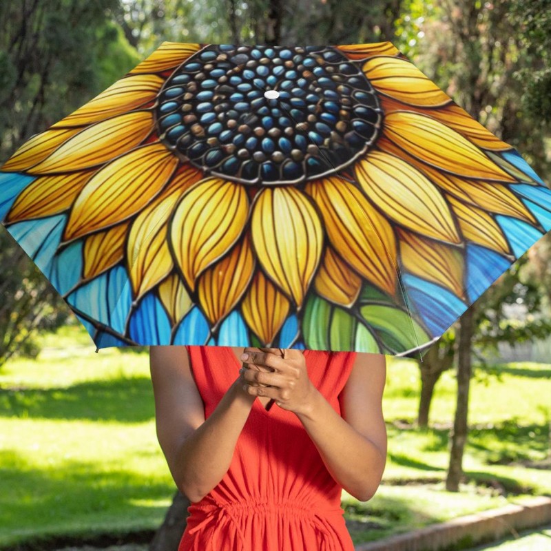 Foldable Umbrella, Sunflower Stained Glass Design, Floral Umbrella, Compact Umbrella, Unique Gift, UV Protection