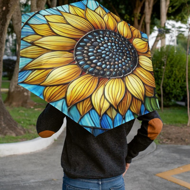 Foldable Umbrella, Sunflower Stained Glass Design, Floral Umbrella, Compact Umbrella, Unique Gift, UV Protection