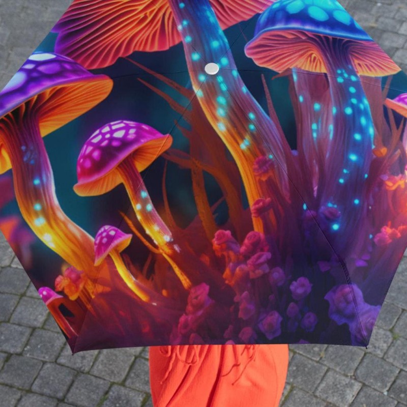 Mushrooms Umbrella, Psychedelic Fungi Parasol, Foldable Trippy Mushroom Canopy, Colorful Toadstool Rain Shelter, Portable Magic Mushroom