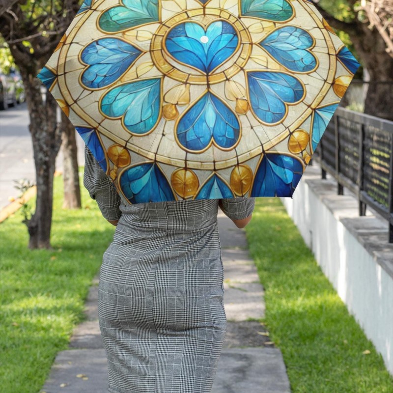 Umbrella, Stained Glass Blue Hearts and Gold Design, Rainy Day Accessories, Foldable Parasol, Weather Protection, Gift for Her, Automatic