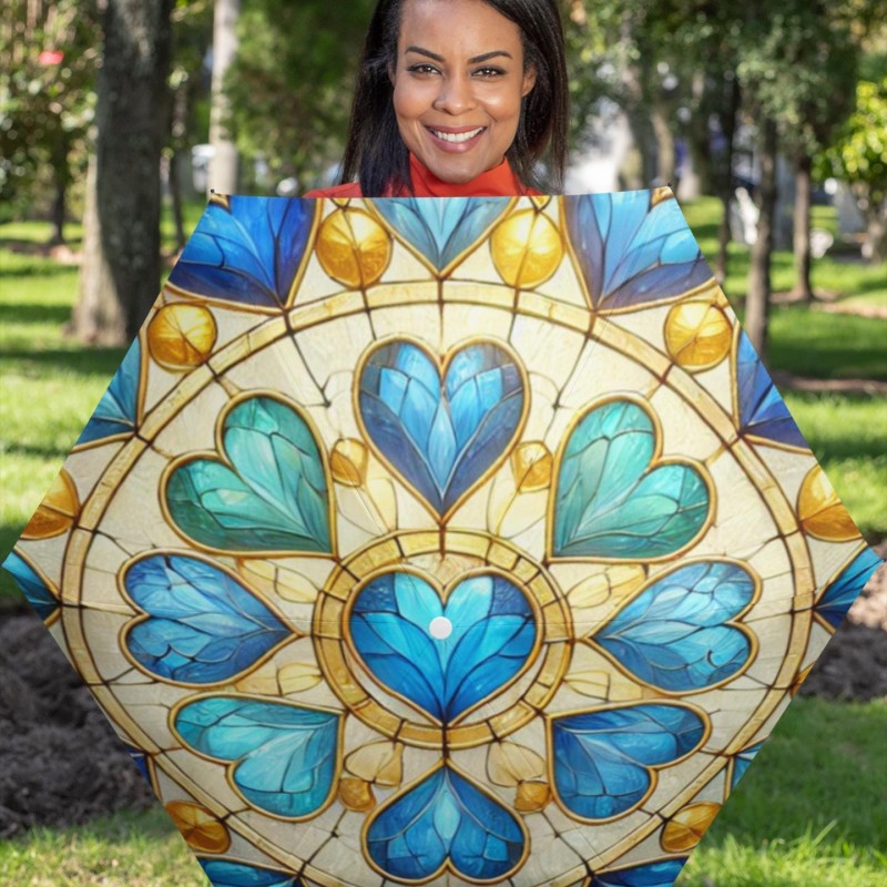 Umbrella, Stained Glass Blue Hearts and Gold Design, Rainy Day Accessories, Foldable Parasol, Weather Protection, Gift for Her, Automatic